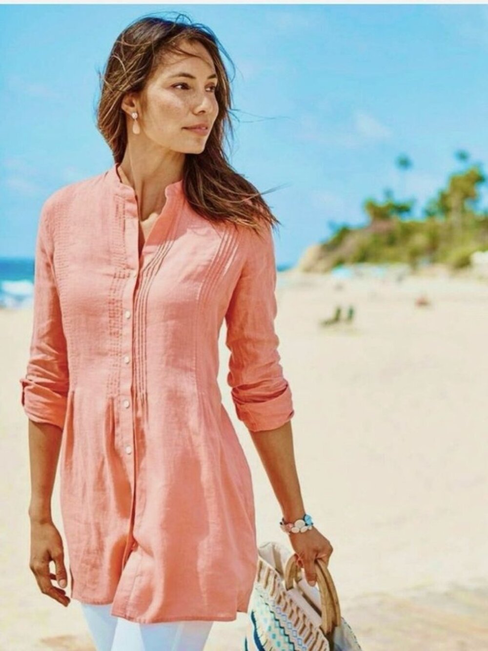 J. Jill Love Linen Tunic Top Sz M Coral Pink Relaxed Roll-tab Sleeve Casual Chic